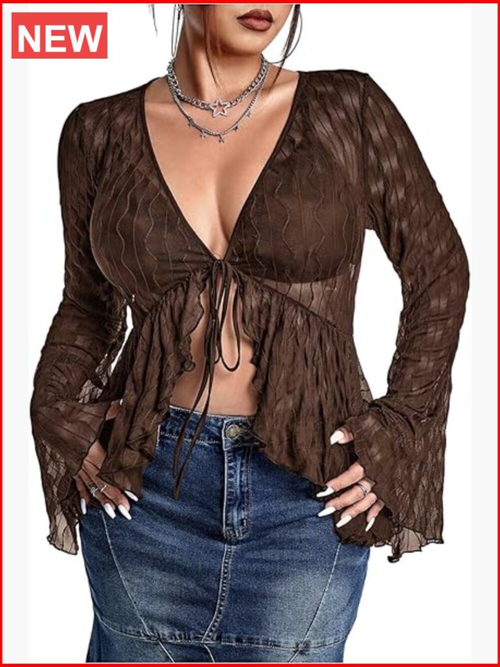 Plus Size Sheer Mesh Top Deep V Neck Bell Long Sleeve Blouse